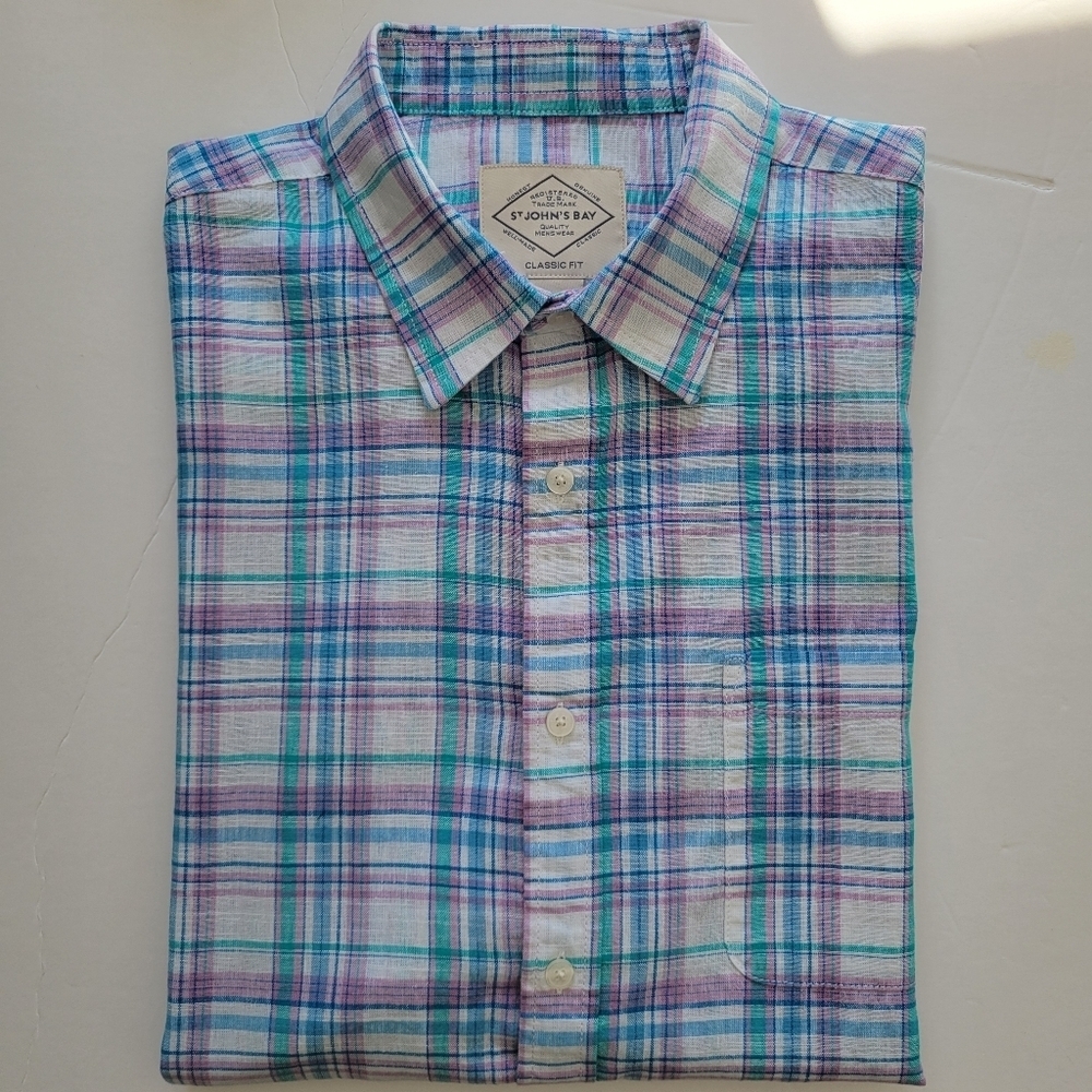 New St. John's Bay Madras Linen Mens Classic Fit Short Sleeve Button-Down Shirt. - Picture 3 of 7